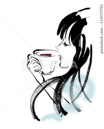 Hand-drawn illustration of a profile of a woman with long black hair drinking coffee 114577701