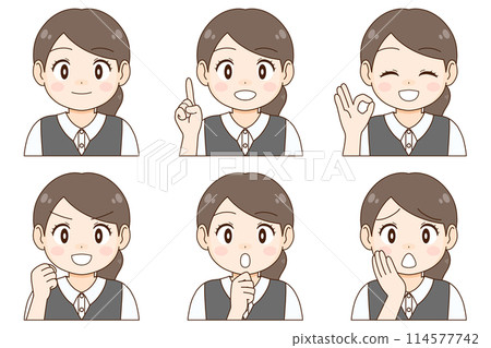 A set of six different facial expressions and poses for a young female office worker A set of six different facial expressions and poses for a young female office worker 114577742