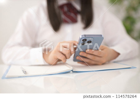 A high school girl studies while searching on her smartphone A high school girl studies while searching on her smartphone 114578264