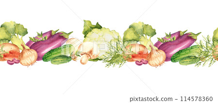 Vegetables horizontal Watercolor Seamless Border Pattern. Hand drawn botanical illustration. Can be used for fabric, textile, packaging print, product design. 114578360
