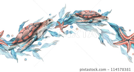 Turtles, seaweed in the shape of a wave with starfish and water bubbles. Watercolor illustration hand drawn in turquoise and coral colors. Seamless border, pattern isolated from the background. 114578381