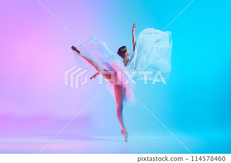Graceful ballerina in tutu dancing standing on tiptoe with fabric flowing in motion in neon light against vivid gradient background. Graceful ballerina in tutu dancing standing on tiptoe with fabric flowing in motion in neon light against vivid gradient background. 114578460