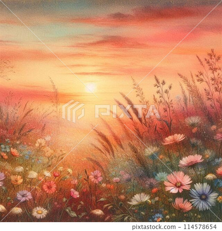 Flower field illuminated by the setting sun 2 Flower field illuminated by the setting sun 2 114578654