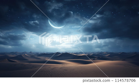 Sand dunes under moon and star filled sky with clouds, night dramatic desert landscape 114578706