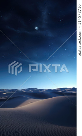 Sand dunes under moon and star filled sky with clouds, night dramatic desert landscape 114578710