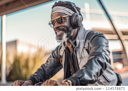 Man listening music in headphones riding a bike 114578871