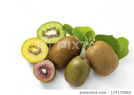 Three kinds of kiwi fruit on white background_green_gold_ruby red 114578968
