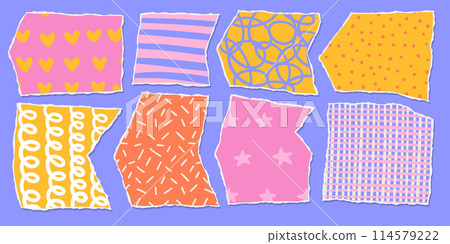 Torn paper frames with jagged edges set. Imitation of colored paper, torn ornate sheets with colorful kids simple patterns. Templates for collage, design. Vintage collage vector illustration. 114579222