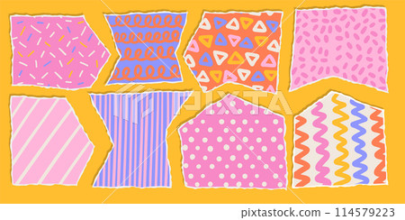 Set of torn papers with funny childish patterns . Bright color palette collage shapes of ripped paper silhouettes. Old vintage paper backgrounds. Abstract pastel scratched design. Vector illustration Set of torn papers with funny childish patterns . Bright color palette collage shapes of ripped paper silhouettes. Old vintage paper backgrounds. Abstract pastel scratched design. Vector illustration 114579223