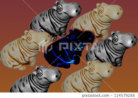 Illustration with hippos. Seven images of a hippopotamus. Three colours. 114579288
