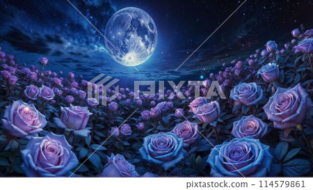 與滿月和藍玫瑰的美妙夜景 114579861