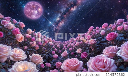 Fantastic night scenery with pink roses and a full moon 114579862