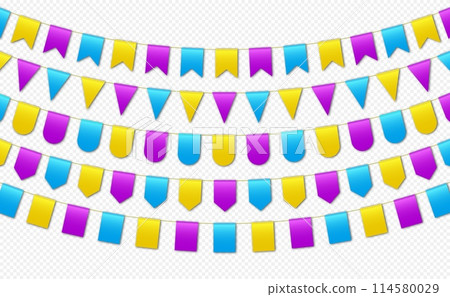 Bunting flags, carnival party flags, festive pennants hanging on a rope. Bunting flags, carnival party flags, festive pennants hanging on a rope. 114580029