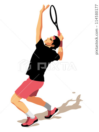 Male tennis player hitting a serve 114580177