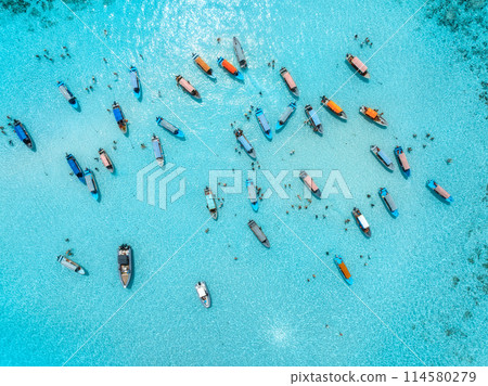 Aerial view of colorful boats, sea bay with transparent water 114580279