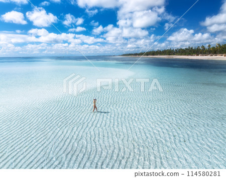 Aerial view of woman, sandbank in ocean, white sand, blue sea Aerial view of woman, sandbank in ocean, white sand, blue sea 114580281