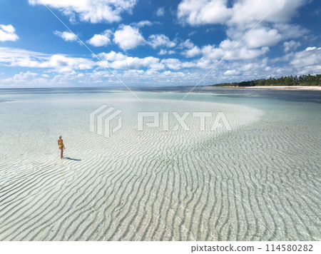 Aerial view of woman, sandbank in ocean, white sand, blue sea Aerial view of woman, sandbank in ocean, white sand, blue sea 114580282