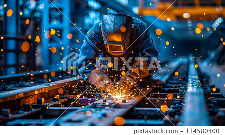 A skilled welder is creating a fusion of metal, shaping it with precision and expertise. The essence of craftsmanship in the industrial world. Generative AI. A skilled welder is creating a fusion of metal, shaping it with precision and expertise. The essence of craftsmanship in the industrial world. Generative AI. 114580300