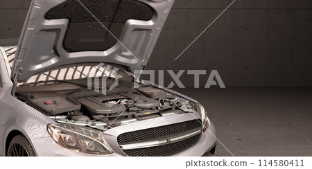 open hood of a car with view of the engine 3d render illustration open hood of a car with view of the engine 3d render illustration 114580411