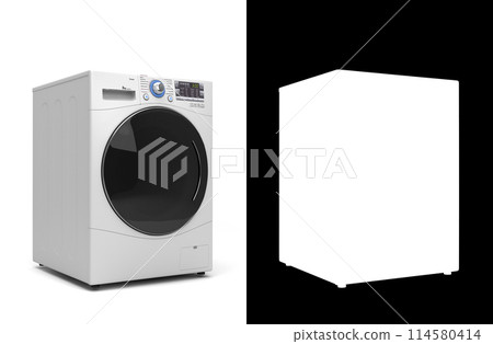 New Washing machine prespective right view 3D render on white with alpha New Washing machine prespective right view 3D render on white with alpha 114580414
