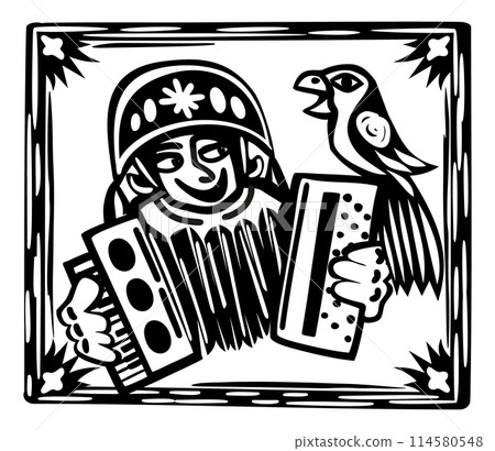 Brazilian cordel style. Accordionist with parrot. Woodcut style 114580548