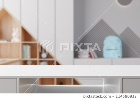 Empty white tabletop foreground with blurred background featuring backpack and books, perfect for product displays and educational themes. Back to school, education concept. Desk front view. 3D. 114580932