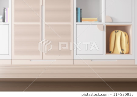 Empty wooden tabletop foreground with blurred background featuring backpack and books, perfect for product displays and educational themes. Back to school, education concept. Desk front view. 3D. 114580933