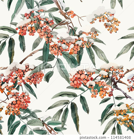 seamless pattern with red rowan berries in the snow. winter nature watercolor print 114581408