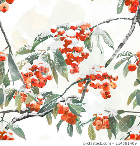 seamless pattern with red rowan berries in the snow. winter nature watercolor print 114581409