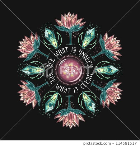 Circular ornament like mandala with lotus flower, Fortuna ball, third eye, magic glowing crystals, inspirational text. Mysterious, mystical concept for meditation, clear consciousness. Vintage style. 114581517