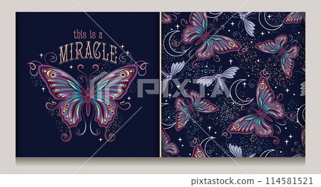Set of mysterious seamless pattern, label with fantasy colored butterfly, moths, crescent moon, stars, star dust, text. Art Nouveau style. Vintage style. Set of mysterious seamless pattern, label with fantasy colored butterfly, moths, crescent moon, stars, star dust, text. Art Nouveau style. Vintage style. 114581521