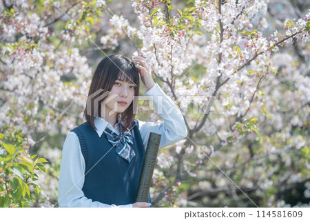 Cherry blossoms, graduation and high school girls 114581609