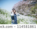 Headphones, cherry blossoms and high school girl 114581861