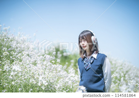 Headphones, cherry blossoms and high school girl Headphones, cherry blossoms and high school girl 114581864