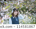 Headphones, cherry blossoms and high school girl 114581867