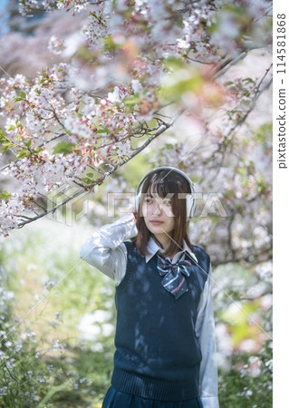 Headphones, cherry blossoms and high school girl Headphones, cherry blossoms and high school girl 114581868