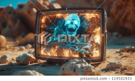 Sci-Fi Retro Futuristic Monitor with Skull in Apocalypse Style 114581933