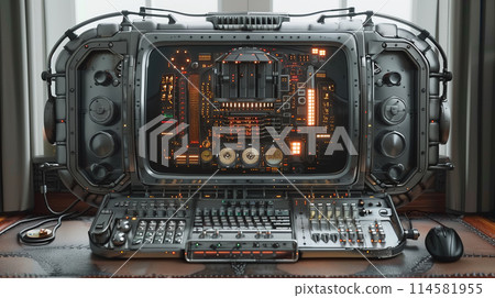 Sci-Fi Retro Futuristic Steel Console Device with Monitor 114581955