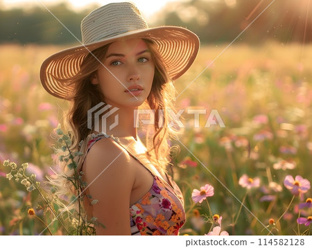 Serene Reverie in a Floral Meadow A Poignant Moment of Tranquil Contemplation in the Countryside 114582128