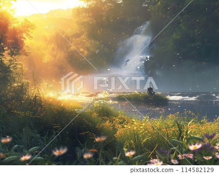 Serene Waterfall Cascade Amidst Lush Woodland Foliage and Blooming Wildflowers Yogi Practicing Twist Pose in Tranquil Golden Hour Light Serene Waterfall Cascade Amidst Lush Woodland Foliage and Blooming Wildflowers Yogi Practicing Twist Pose in Tranquil Golden Hour Light 114582129