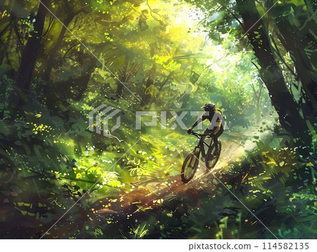 Sleek Electric Bicycle Gliding Through Lush Verdant Forest Landscape with Warm Filtered Sunlight 114582135
