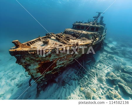 Submerged Wreck Resting in Tranquil Underwater Seascape of Coral Reef and Marine Life 114582136