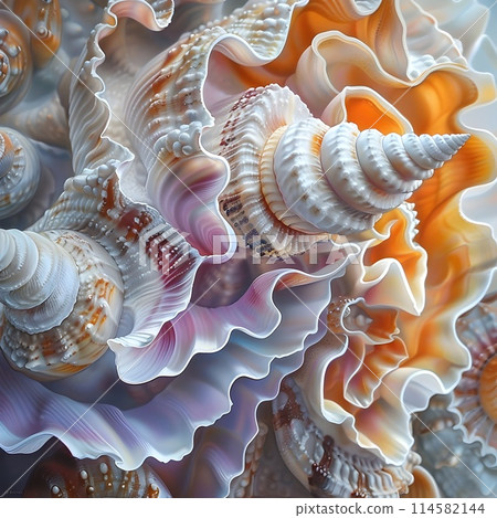 Vibrant and Abstract Sea Shell Textures and Patterns in Colorful Underwater Environment 114582144