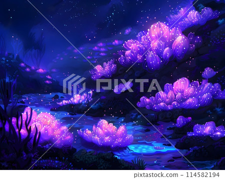 Bioluminescent Coral Reef Glowing in the Ethereal Underwater Realm A Mesmerizing Panorama of Neon Tentacles Drifting Plankton and Luminescent Marine 114582194