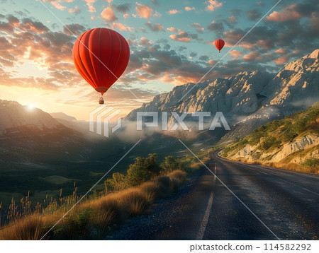 Majestic Hot Air Balloon Soaring Over Picturesque Mountain Landscape at Sunrise 114582292