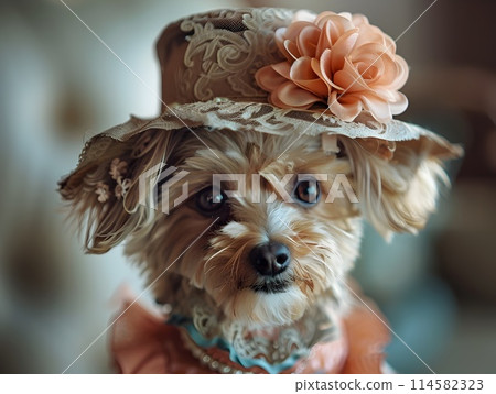 Adorable Pup Dressed in Floral Embellished Hat Capturing the Love and Care of Pet Dressing 114582323