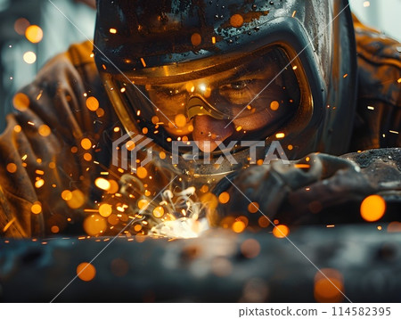 Close up of Shipyard Worker Intently Welding Large Component with Intense Sparks Highlighting Their Skilled Metalworking Craft 114582395