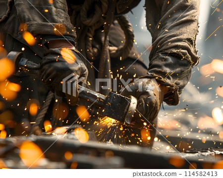 Close up View of Shipbuilder Using Handheld Grinder on Steel Component Highlighting Texture and Physical Effort of Industrial Metalwork Process 114582413
