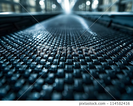 Closeup of Conveyor Belt Texture with Rubber and Fabric Composition for Movement and Durability in Industrial Factory Settings 114582416
