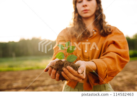Farmer's hand holding a green young plant and earthy handful. Concepts of ecology and gardening. Farmer's hand holding a green young plant and earthy handful. Concepts of ecology and gardening. 114582463